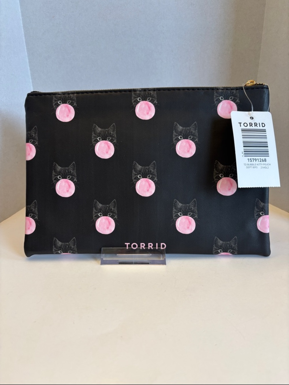 Torrid Black and Pink Bubble Cat Print Zip Cosmetic Bag 9” x 6”